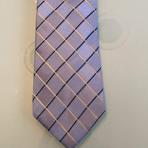 Tommy Hilfiger tie light blue navy gold check 100% silk 3.25 inches wide - Picture 2 of 5